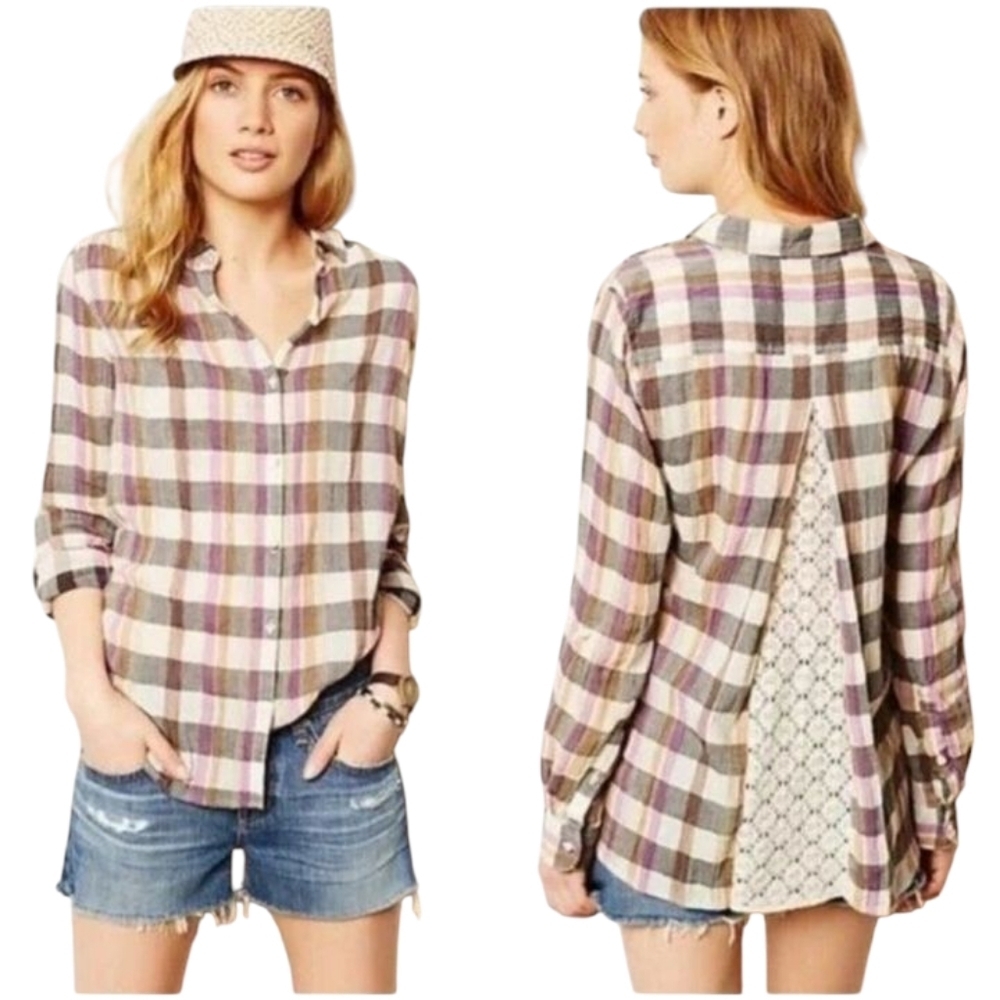 Anthropologie Isabella Sinclair Gauzey Cotton Plaid Button Front Top Size Medium